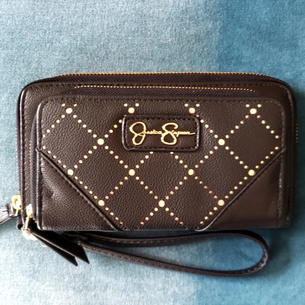 Jessica Simpson Black Zippered Wallet Wristlet Double‑Zip Card Slots & Strap NWT